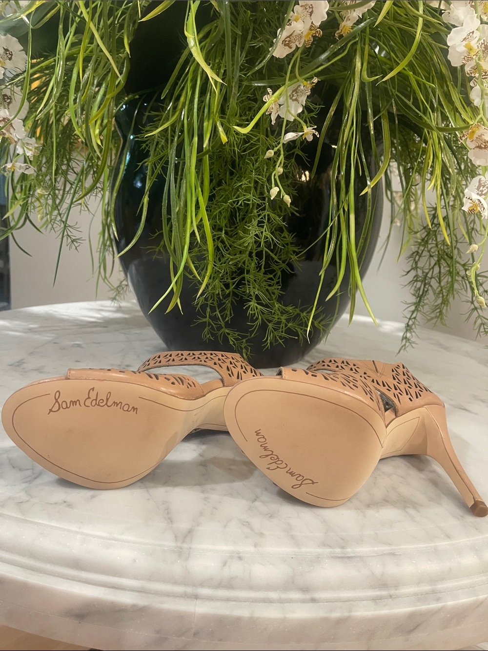 Sam Edelman Tan Laser-Cut Open-Toe Heels - Picture 4 of 5